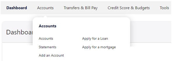 Online banking new menu drop downs